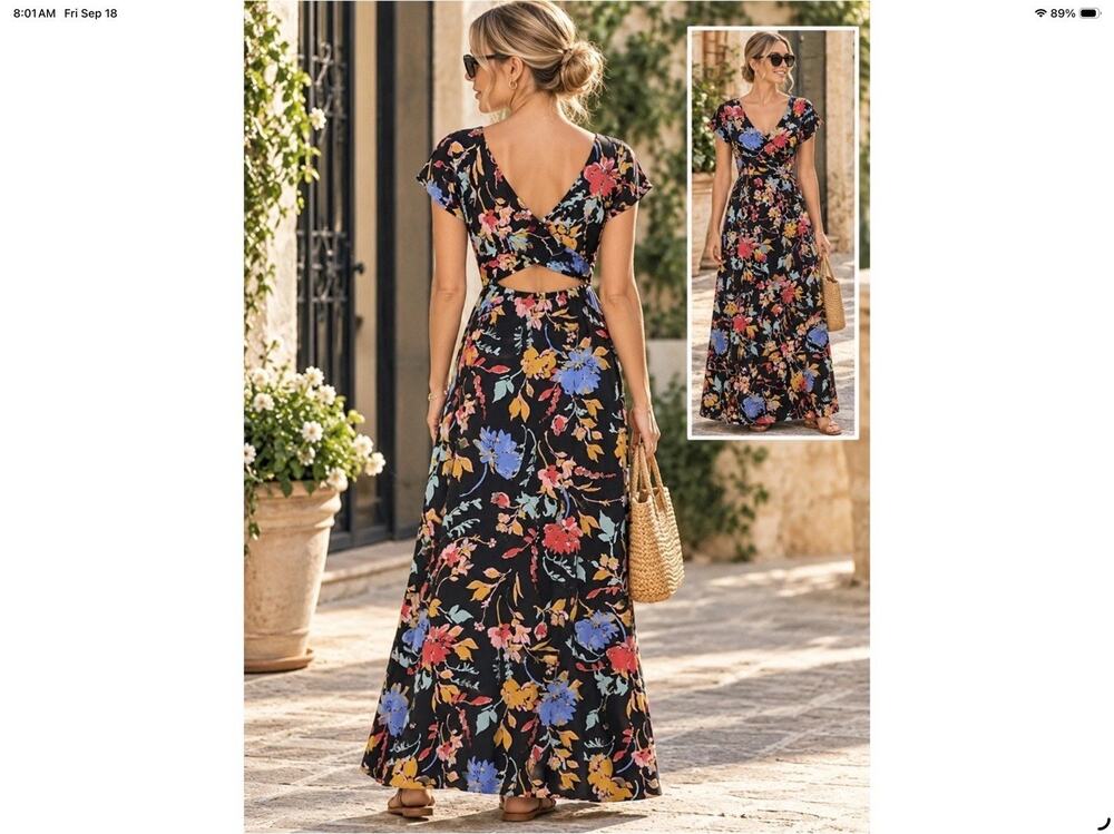 PACT Fit & Flare Crossback Maxi Dress Nightfall Blooms Floral Black Size Large